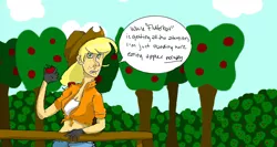 Size: 1256x670 | Tagged: safe, artist:mcwhale4, derpibooru import, applejack, human, dialogue, female, human female, humanized, orchard, solo, speech bubble