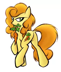 Size: 744x883 | Tagged: artist:kejifox, bedroom eyes, carrot, carrot top, dock, golden harvest, looking back, mouth hold, plot, raised hoof, raised leg, solo, suggestive