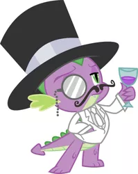 Size: 843x1059 | Tagged: artist needed, classy, clothes, derpibooru import, drink, facial hair, fancy, glass, hat, like a sir, monocle, moustache, safe, simple background, solo, source needed, spike, top hat, tuxedo, vector, white background