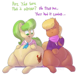 Size: 1181x1129 | Tagged: suggestive, artist:secretgoombaman12345, derpibooru import, chickadee, diamond tiara, ms. harshwhinny, ms. peachbottom, silver spoon, pony, ask chubby diamond, abuse, belly, belly button, butt to butt, butt touch, crushing, fat, flattened, heart, impossibly large butt, ms. lardwhinny, obese, plot, spoonabuse, tiarabuse