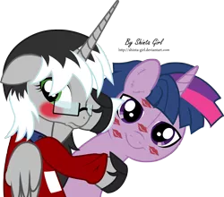 Size: 3034x2670 | Tagged: safe, artist:joey darkmeat, artist:shinta-girl, derpibooru import, twilight sparkle, oc, alicorn, pony, alicorn oc, blushing, dusk shine, duskdoll, female, kiss mark, kissing, lipstick, male, rule 63, straight, twidoll