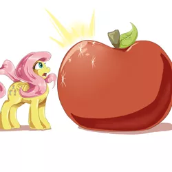 Size: 800x800 | Tagged: safe, artist:sirmasterdufel, derpibooru import, fluttershy, bat pony, pony, apple, flutterbat, giant apple, race swap, solo, that pony sure does love apples