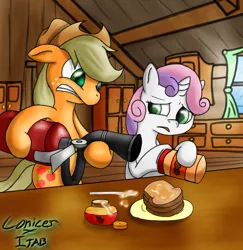 Size: 880x907 | Tagged: applejack, applesauce, artist:conicer, artist:jabbie64, colored pupils, derpibooru import, fire extinguisher, food, peanut butter, safe, scared, sweetie belle, table, this will end in fire