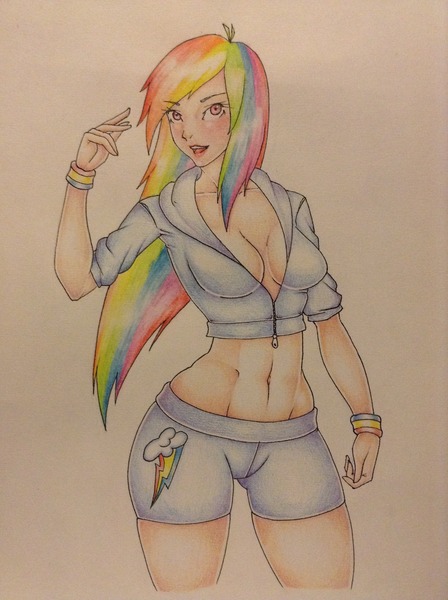 Size: 1936x2592 | Tagged: abs, artist:samaelalighieri, belly button, breasts, busty rainbow dash, cleavage, derpibooru import, female, human, humanized, light skin, midriff, rainbow dash, solo, solo female, suggestive, traditional art, wide hips