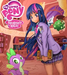 Size: 2250x2500 | Tagged: artist:sazuko, clothes, derpibooru import, elements of harmony, golden oaks library, human, humanized, miniskirt, moderate dark skin, my little pony logo, safe, schoolgirl, school uniform, skirt, spike, twilight sparkle