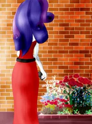 Size: 368x491 | Tagged: safe, artist:jabbie64, derpibooru import, rarity, equestria girls, brick wall, camera, clothes, dress, flower, humanized, solo