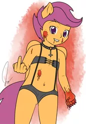 Size: 800x1147 | Tagged: anthro, artist:anonjg, blood, breasts, cross, cross of st peter, delicious flat chest, derpibooru import, female, grimdark, human facial structure, inverted cross, middle finger, scootaloo, solo, solo female, suggestive, vulgar