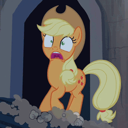 Size: 436x436 | Tagged: animated, applejack, castle mane-ia, derpibooru import, horses doing horse things, open mouth, panic, safe, scared, screaming, screencap, solo, trotting, trotting in place, uvula, wide eyes, yelling