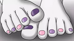 Size: 1000x550 | Tagged: suggestive, artist:dactdigityl, derpibooru import, sweetie belle, barefoot, feet, female, filly, foalcon, foot fetish, foot focus, nail polish, solo, solo female, toenails, toes