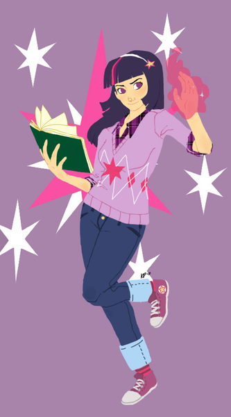 Size: 581x1048 | Tagged: argyle, artist:xxciaobella23xx, book, clothes, converse, derpibooru import, human, humanized, jeans, light skin, magic, safe, solo, sweater vest, twilight sparkle