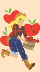 Size: 581x1048 | Tagged: apple, applejack, artist:xxciaobella23xx, basket, carrying, derpibooru import, freckles, human, humanized, light skin, overalls, safe, solo, working