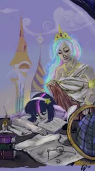 Size: 415x748 | Tagged: artist:xxciaobella23xx, book, derpibooru import, globe, human, humanized, light skin, momlestia fuel, princess celestia, safe, sleeping, slice of life, studying, sunset, table, twilight sparkle