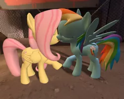 Size: 1280x1024 | Tagged: suggestive, artist:gergta, derpibooru import, fluttershy, rainbow dash, 3d, female, flutterdash, gmod, kissing, lesbian, shipping, wingboner