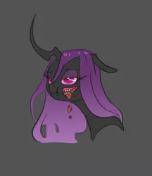Size: 614x710 | Tagged: artist:carnifex, bust, changeling, changeling oc, changeling queen, changeling queen oc, chewing, derpibooru import, eating, eyeshadow, fail, female, floppy ears, gray background, gross, meat, miasma hive, oc, oc:miasma, portrait, purple changeling, semi-grimdark, simple background, smiling, solo, unofficial characters only