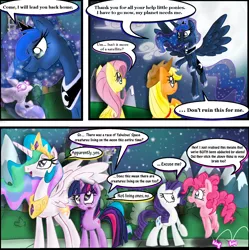 Size: 1010x1013 | Tagged: safe, artist:supersheep64, derpibooru import, idw, applejack, fluttershy, pinkie pie, princess celestia, princess luna, twilight sparkle, spoiler:comic, spoiler:comic08, comic, i must go, nightmare creature