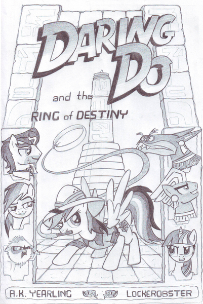 Size: 685x1024 | Tagged: safe, artist:lockerobster, derpibooru import, ahuizotl, daring do, doctor caballeron, mitsy, rainbow dash, twilight sparkle, twilight sparkle (alicorn), alicorn, pony, female, mare, monochrome, traditional art