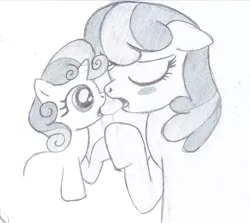 Size: 768x686 | Tagged: suggestive, artist:lockerobster, derpibooru import, cheerilee, sweetie belle, earth pony, pony, unicorn, age difference, drool string, female, filly, foalcon, kissing, lesbian, mare, mare on filly, monochrome, sloppy kissing, traditional art
