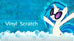 Size: 1920x1080 | Tagged: safe, artist:ewized, derpibooru import, vinyl scratch, pony, unicorn, female, hooves, horn, mare, smiling, solo, sunglasses, teeth, text, vector, wallpaper