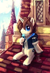 Size: 966x1408 | Tagged: artist:r0b0tassassin, dead source, derpibooru import, eating, food, ice cream, kingdom hearts, ponified, rooftop, safe, scenery, solo, sora