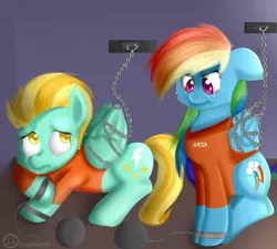 Size: 1000x900 | Tagged: artist:bubblenote, ball and chain, chains, clothes, crying, derpibooru import, duo, lightning dust, prison, prisoner, prisoner rd, prison outfit, rainbow dash, sad, safe, shackles