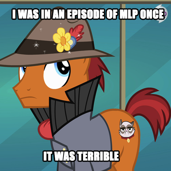 Size: 550x549 | Tagged: caption, derpibooru import, edit, edited screencap, grumpy cat, hub logo, image macro, meme, rarity takes manehattan, safe, screencap, solo, sourpuss, text