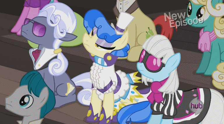 Size: 768x426 | Tagged: animated, audience, clapping, cute, daisy, derpibooru import, don neigh, flower wishes, happy, hoity toity, honey curls, lavender bloom, mare e. lynn, photo finish, rarity takes manehattan, safe, sapphire shores, sapphire sweetness, upper east side
