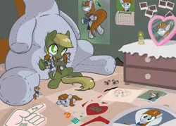 Size: 1058x756 | Tagged: safe, artist:brisineo, derpibooru import, oc, oc:homage, oc:littlepip, oc:murky, unofficial characters only, pegasus, pony, unicorn, fallout equestria, fallout equestria: murky number seven, fanfic, calendar, candle, clothes, drawing, fanfic art, female, foam finger, glowing horn, gun, handgun, heart, hooves, horn, levitation, little macintosh, magazine, magic, male, mare, obsessed dash memes, obsession, optical sight, pillow, pipbuck, plot, plushie, poster, revolver, shrine, smiling, solo, stallion, teeth, telekinesis, toy, vault suit, weapon, wings