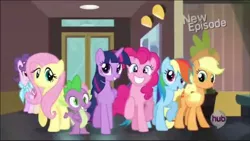 Size: 1276x720 | Tagged: safe, derpibooru import, screencap, applejack, coco pommel, fluttershy, pinkie pie, rainbow dash, spike, suri polomare, twilight sparkle, twilight sparkle (alicorn), alicorn, pony, rarity takes manehattan, female, hub logo, hubble, mare, smiling, the hub