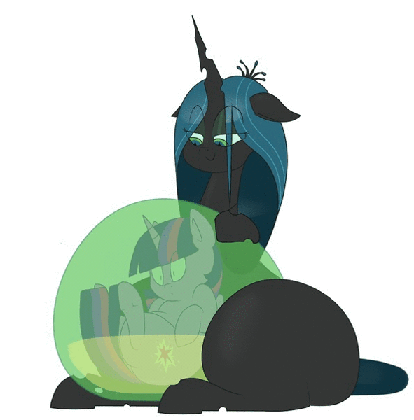 Size: 595x604 | Tagged: questionable, artist:secretgoombaman12345, derpibooru import, queen chrysalis, twilight sparkle, twilight sparkle (alicorn), alicorn, pony, animated, bedroom eyes, belly, chubby, fat, fat fetish, female, fetish, frown, jiggle, mare, preylight, queen chrysalard, sitting, smiling, thighs, translucent belly, transparent flesh, vore, wide eyes
