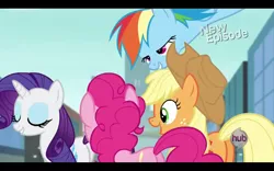 Size: 1680x1050 | Tagged: safe, derpibooru import, screencap, applejack, pinkie pie, rainbow dash, rarity, rarity takes manehattan, hub logo, out of context