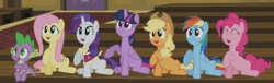 Size: 1000x302 | Tagged: safe, derpibooru import, screencap, applejack, fluttershy, pinkie pie, rainbow dash, rarity, spike, twilight sparkle, twilight sparkle (alicorn), alicorn, dragon, pony, rarity takes manehattan, animated, audience, clapping, cute, eyes closed, female, golf clap, grin, happy, loop, mane seven, mane six, mare, open mouth, sitting, smiling, stomping