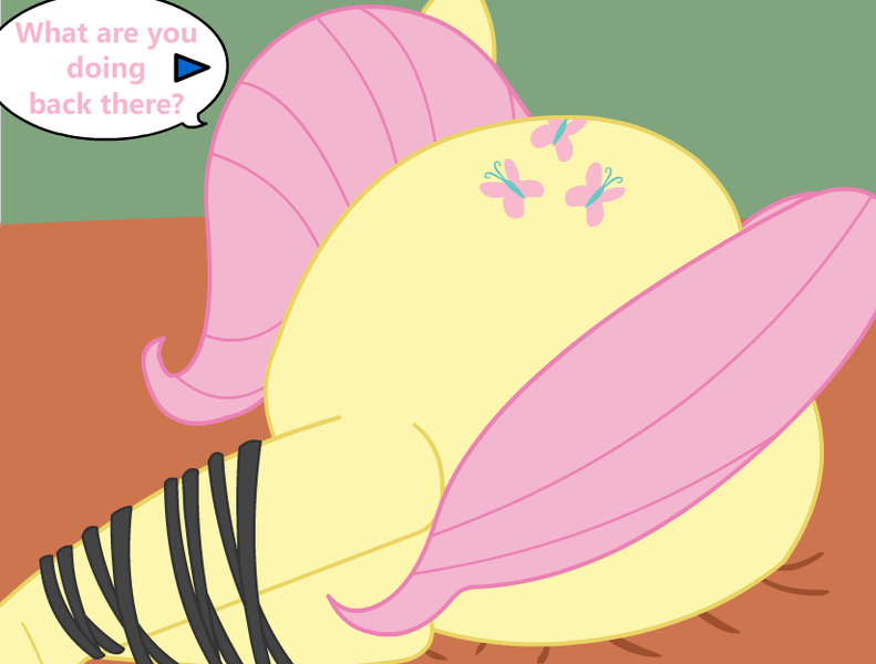 Size: 823x624 | Tagged: suggestive, artist:lazyfable, derpibooru import, fluttershy, pony, bondage, explicit source, female, flash, flutterbutt, game, plot, side, solo, solo female, speech bubble, strategically covered, tail censor