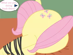 Size: 823x624 | Tagged: suggestive, artist:lazyfable, derpibooru import, fluttershy, pony, bondage, explicit source, female, flash, flutterbutt, game, plot, side, solo, solo female, speech bubble, strategically covered, tail censor