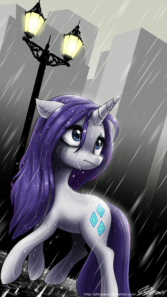 Size: 800x1426 | Tagged: safe, artist:johnjoseco, derpibooru import, rarity, pony, unicorn, rarity takes manehattan, beautiful, crying, feels, female, floppy ears, manehattan, mare, rain, running makeup, sad, scene interpretation, solo, wet, wet mane, wet mane rarity