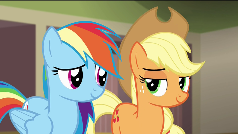 Size: 1920x1080 | Tagged: safe, derpibooru import, screencap, applejack, rainbow dash, rarity takes manehattan, eye contact, lidded eyes, out of context, smiling