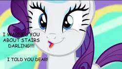 Size: 1280x720 | Tagged: 8^y, comic sans, darling, derpibooru import, edit, edited screencap, faic, it keeps happening, meme, rarity, rarity takes manehattan, safe, screencap, solo, stairs, sweet bro and hella jeff