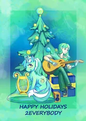 Size: 751x1063 | Tagged: safe, artist:a-elly, derpibooru import, lyra heartstrings, human, pony, unicorn, fanfic, fanfic:anthropology, christmas, christmas tree, fanfic art, female, glowing horn, guitar, hooves, horn, human ponidox, humanized, levitation, light skin, lyre, magic, mare, present, telekinesis, tree