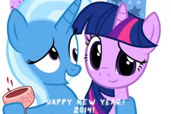Size: 1050x700 | Tagged: 2014, alcohol, artist:navitaserussirus, derp, derpibooru import, drunk, female, happy new year, holiday, lesbian, new year, safe, shipping, the great and alcoholics trixie, trixie, twilight sparkle, twixie