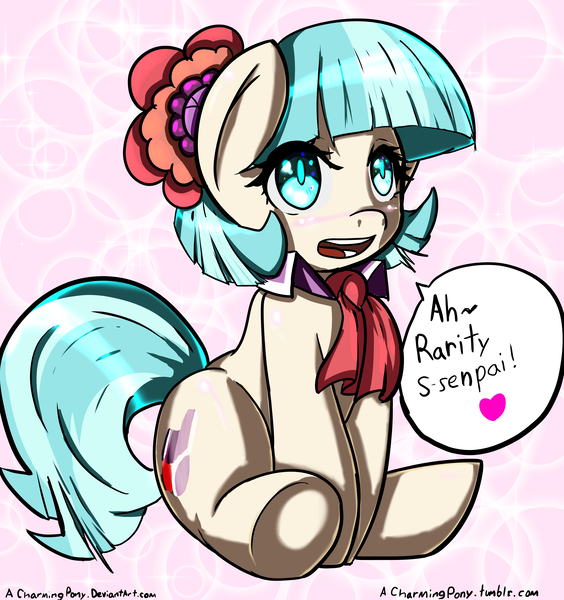 Size: 6670x7099 | Tagged: safe, artist:acharmingpony, derpibooru import, coco pommel, rarity, earth pony, pony, rarity takes manehattan, absurd resolution, cocobetes, cute, female, heart, lesbian, mare, marshmallow coco, open mouth, senpai, shipping, solo, speech bubble