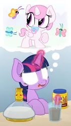 Size: 3002x5329 | Tagged: safe, artist:zutheskunk, derpibooru import, princess celestia, twilight sparkle, twilight sparkle (alicorn), alicorn, butterfly, pony, cewestia, drink, female, filly, flashback potion, glowing eyes, image, magic, mare, nesquik, pacifier, pink-mane celestia, png, thought bubble, young celestia, younger