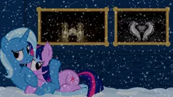 Size: 1280x720 | Tagged: safe, artist:navitaserussirus, derpibooru import, trixie, twilight sparkle, blushing, female, lesbian, scrunchy face, shipping, snow, snowfall, twixie