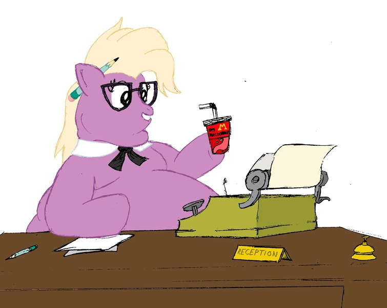 Size: 2324x1847 | Tagged: bell, best pony of season 4, big macdonalds, colored, derpibooru import, desk, fat, grace manewitz, obese, overweight, receptionist, safe, sitting, solo, typewriter