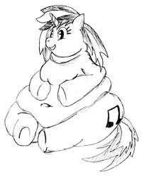Size: 1212x1517 | Tagged: safe, artist:fatponysketches, derpibooru import, vinyl scratch, pony, unicorn, bell, belly, fat, happy, monochrome, obese, overweight, scratching, sitting, smiling, solo, vinyl fat