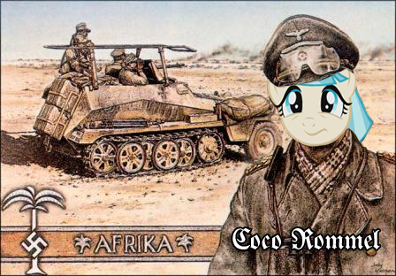 Size: 448x312 | Tagged: afrika korps, blackletter, coco pommel, derpibooru import, desert, erwin rommel, gun, half track, hat, machine gun, mg42, military, /mlp/, nazi, peaked cap, pun, safe, sd.kfz. 251, vehicle, world war ii