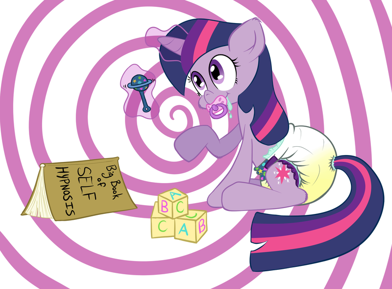 Size: 1900x1400 | Tagged: adult foal, artist:skitter, book, derpibooru import, diaper, diaper fetish, drool, hypnosis, mental regression, pacifier, poofy diaper, questionable, self hypnosis, solo, twilight sparkle, urine, wet diaper