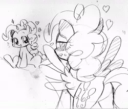 Size: 1022x873 | Tagged: artist:momo, cute, derpibooru import, diapinkes, heart, ink drawing, lineart, monochrome, pinkie pie, safe, surprise, traditional art