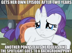 Size: 650x480 | Tagged: crying, drama, image macro, rarity, rarity takes manehattan, sad, safe, screencap, solo