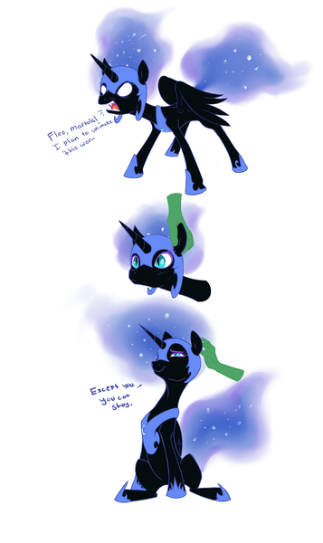 Size: 1143x1920 | Tagged: dead source, safe, artist:nohooves, derpibooru import, nightmare moon, oc, oc:anon, alicorn, human, pony, :t, angry, bedroom eyes, comic, cute, ear scratch, frown, glowing eyes, hand, helmet, horseshoes, moonabetes, nicemare moon, open mouth, petting, peytral, simple background, sitting, smiling, solo focus, spread wings, white background, wide eyes, yelling