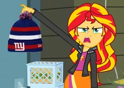 Size: 800x567 | Tagged: safe, derpibooru import, sunset shimmer, equestria girls, american football, exploitable meme, giants, hat, meme, new york giants, nfl, solo, sunset is disgusted