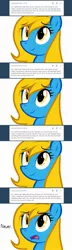 Size: 640x2220 | Tagged: safe, artist:marytheechidna, deleted from derpibooru, derpibooru import, oc, oc:internet explorer, ponified, pony, ask, bait and switch, blue coat, browser ponies, face, female, internet explorer, looking up, mane, mare, nope, open mouth, simple background, smiling, text, tongue out, tumblr, white background, yellow eyes, yellow mane